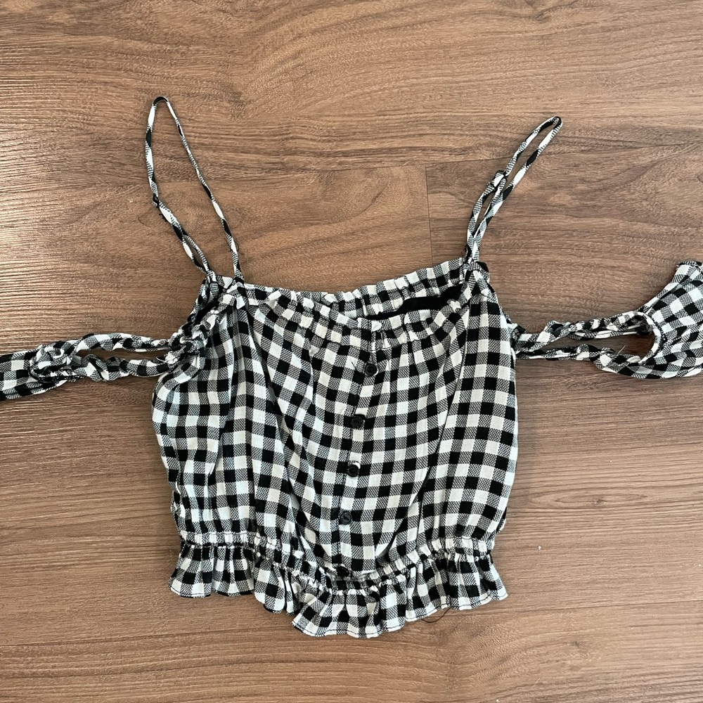 Lost + Wander checkered crop off the shoulder top.
